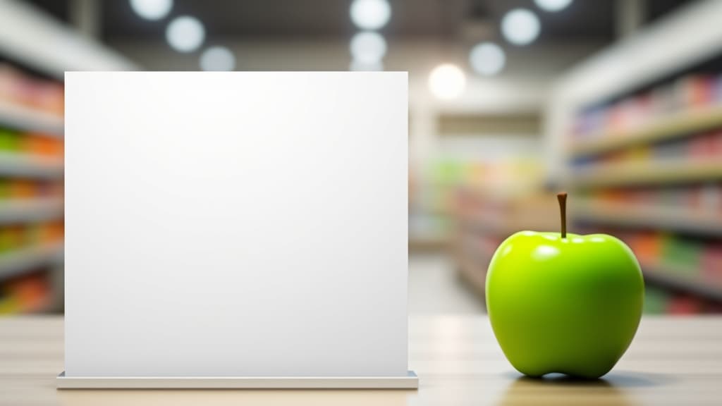  green apple next to white banner in supermarket for copy space advertisement