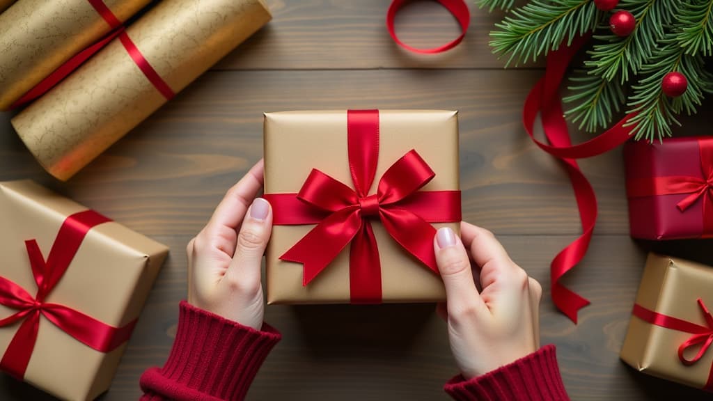  female beautiful hands tying a red bow on a wrapped gift, several rolls of gold and red wrapping paper, ribbons and spruce branches are lying nearby, top view, workplace of a gift wrapper concept {prompt}, maximum details