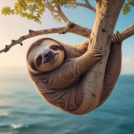 A sleepy sloth hanging from a fantastical, abstract tree branch. with Oceans background