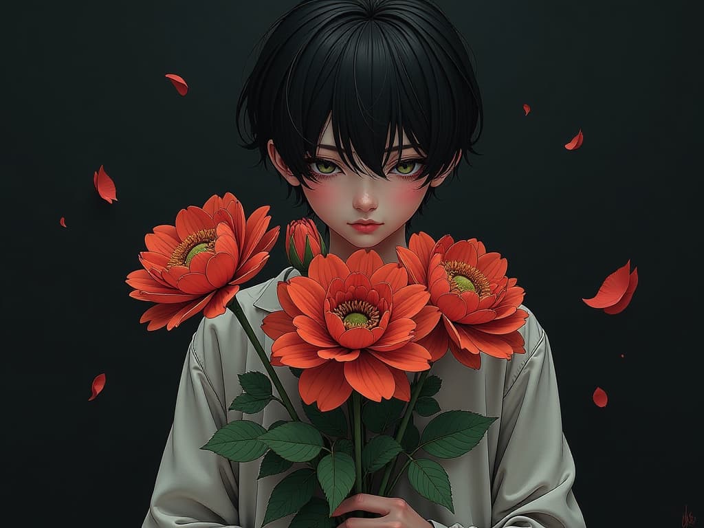  a drawing of a young man holding a bunch of flowers, cinematic lain fractal lain, instagram art, short hair cut, grieving, baki, necrosis, manga comic, analogic photograph, dead plants, black walls, guilty crown, at instagram, with a bob cut, botany, concept art of single boy hyperrealistic, full body, detailed clothing, highly detailed, cinematic lighting, stunningly beautiful, intricate, sharp focus, f/1. 8, 85mm, (centered image composition), (professionally color graded), ((bright soft diffused light)), volumetric fog, trending on instagram, trending on tumblr, HDR 4K, 8K