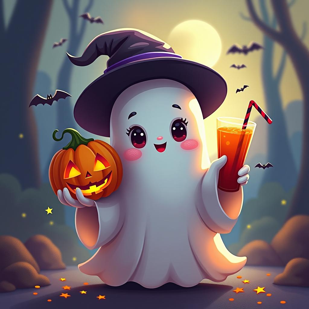  create a digital painting featuring a cute ghost character. the ghost should be wearing a hat. in one hand, the ghost should hold a pumpkin with a carved face, and in the other hand, a halloween themed drink. the background should be colorfull and include small black bats and stars to add a playful halloween touch. the overall style should be cute, whimsical, and colorful hyperrealistic, full body, detailed clothing, highly detailed, cinematic lighting, stunningly beautiful, intricate, sharp focus, f/1. 8, 85mm, (centered image composition), (professionally color graded), ((bright soft diffused light)), volumetric fog, trending on instagram, trending on tumblr, HDR 4K, 8K