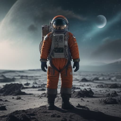 man on the moon hyperrealistic, full body, detailed clothing, highly detailed, cinematic lighting, stunningly beautiful, intricate, sharp focus, f/1. 8, 85mm, (centered image composition), (professionally color graded), ((bright soft diffused light)), volumetric fog, trending on instagram, trending on tumblr, HDR 4K, 8K