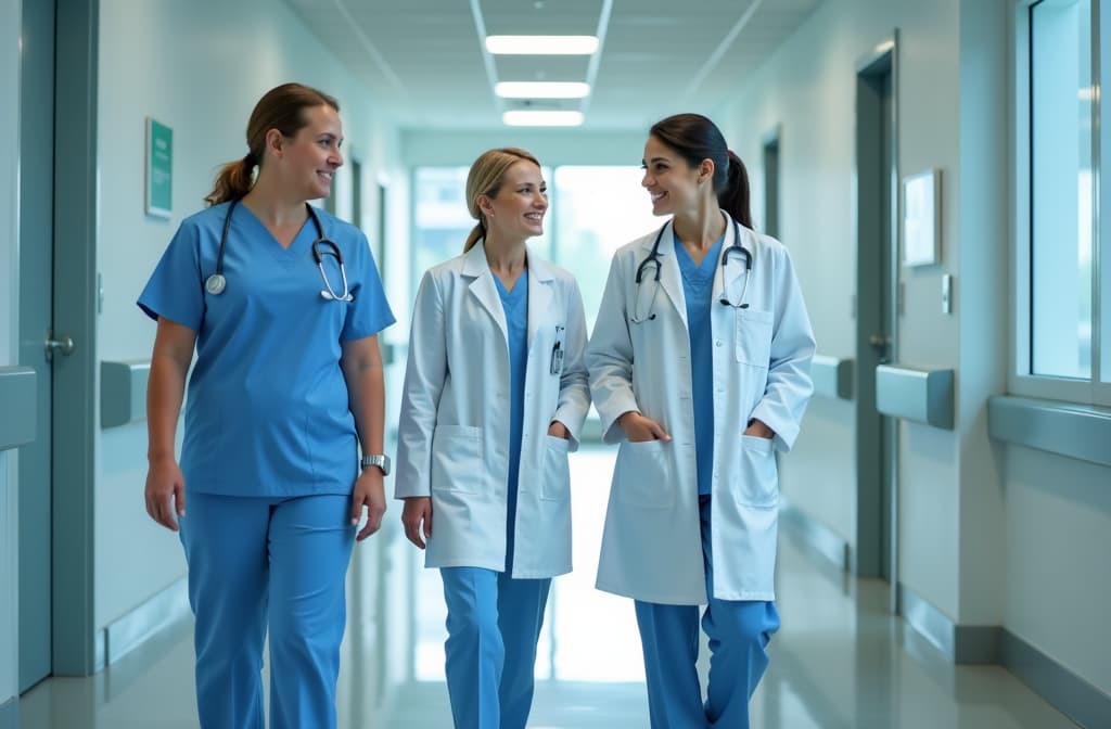  healthcare, doctors and nurses walking together for discussion, planning or schedule. diversity, men or women medical group talking about support strategy, medicine and doctors teamwork in hospital ar 3:2 {prompt}, maximum details