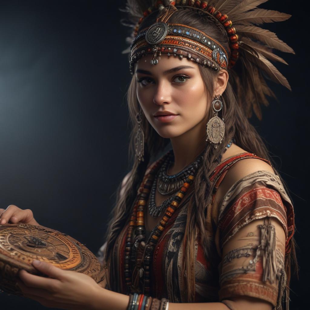 ((masterpiece)),(((best quality))), 8k, high detailed, ultra detailed, beautiful woman tribe, woman playing a tribal instrument, (exotic tribal accessories), tribal symbols, (nighttime atmosphere) hyperrealistic, full body, detailed clothing, highly detailed, cinematic lighting, stunningly beautiful, intricate, sharp focus, f/1. 8, 85mm, (centered image composition), (professionally color graded), ((bright soft diffused light)), volumetric fog, trending on instagram, trending on tumblr, HDR 4K, 8K