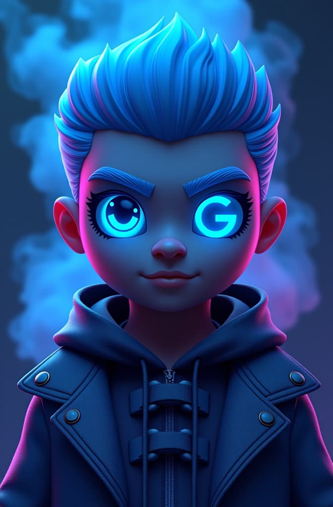  en este emoji 😵‍💫 cambia los dos ojos y pone en el ojo izquierdo una c y en el otro una g y que tenga humo colorido de fondo, que sea para usarse como logo, blue color, glam, power, glowing lights intricate, elegant, highly detailed, digital painting, artstation, concept art, smooth, sharp focus, illustration, art by artgerm and greg rutkowski and fra angelico and unreal engine 5 hyperrealistic, full body, detailed clothing, highly detailed, cinematic lighting, stunningly beautiful, intricate, sharp focus, f/1. 8, 85mm, (centered image composition), (professionally color graded), ((bright soft diffused light)), volumetric fog, trending on instagram, trending on tumblr, HDR 4K, 8K