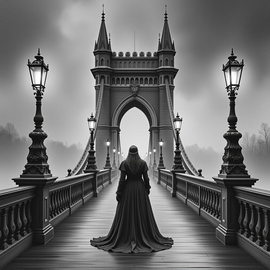  gothic style pencil drawing. peter the great bridge in st. petersburg. Монохром. . dark, mysterious, haunting, dramatic, ornate, detailed hyperrealistic, full body, detailed clothing, highly detailed, cinematic lighting, stunningly beautiful, intricate, sharp focus, f/1. 8, 85mm, (centered image composition), (professionally color graded), ((bright soft diffused light)), volumetric fog, trending on instagram, trending on tumblr, HDR 4K, 8K