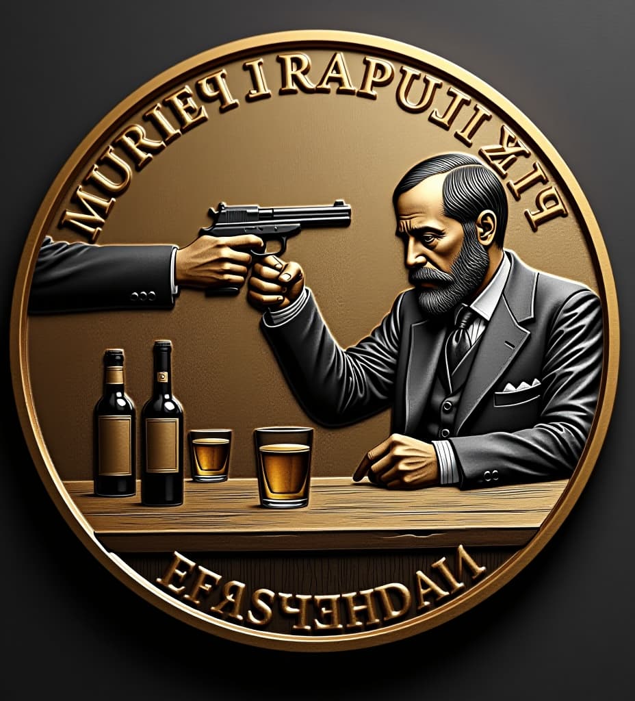  a coin depicting the murder of rasputin in the yusupov palace idea for a medal: a killer points a gun at rasputin. rasputin himself may be sitting at a table with bottles and glasses.