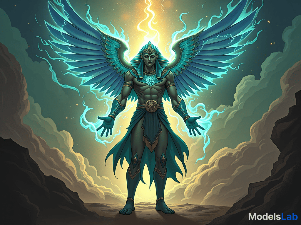  a person surrounded by swirling energies, torrents of creativity emanating, atmosphere of team transformation and new heights. the style is digital art illustration / modern comic book / mysterious occult, symbolic, esoteric vibe,high detail on character design, incorporating ancient egyptian symbology and attire.