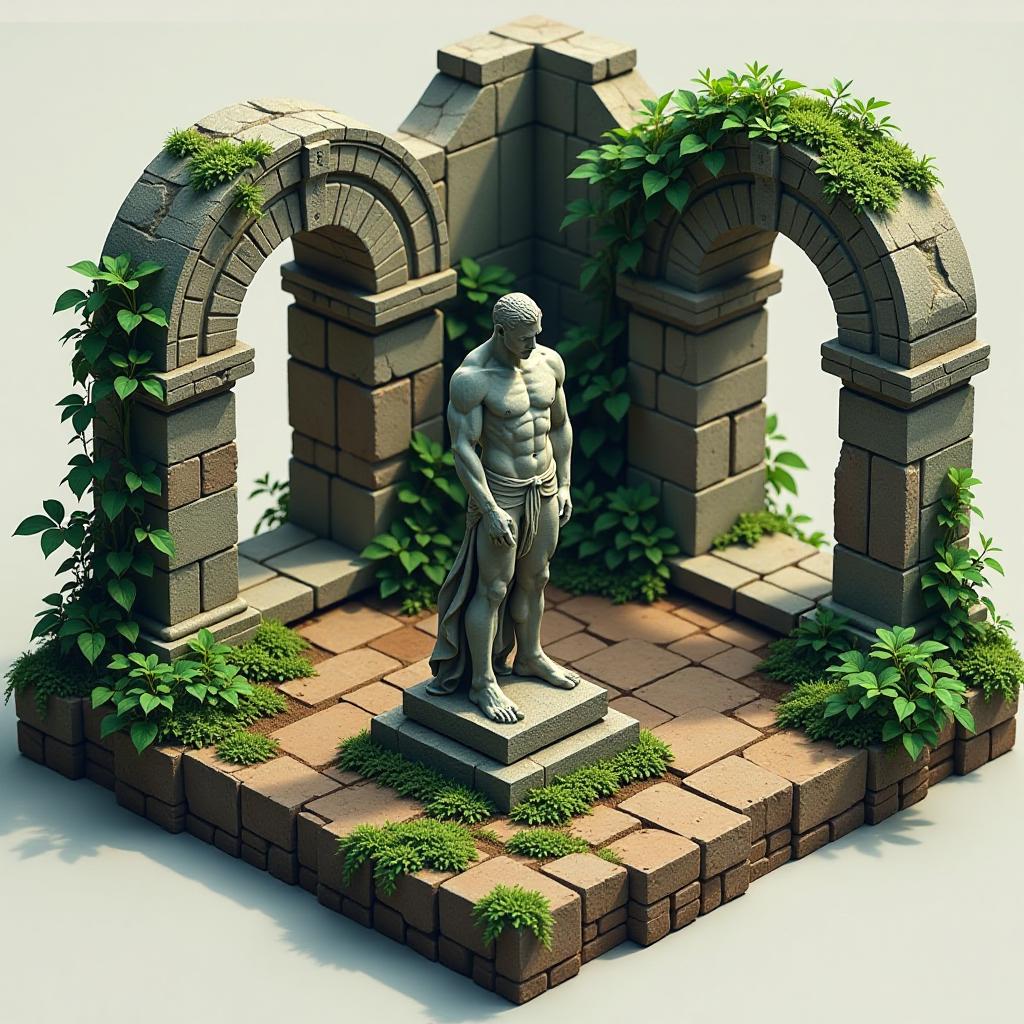  create an isometric view image of an ancient ruin where a fitness tracker is intricately integrated into the structures, symbolizing the connection between nature and technology. the scene should encompass lush greenery with soil covered pathways leading to crumbling stone arches and columns, blending the organic elements with the remnants of civilization. the fitness tracker is worn by a stone statue, indicating a fusion of the old with the modern, showcasing a unique harmony. the surrounding environment should feature details like ancient vines entwining the tracker, showcasing the passage of time and nature reclaiming its territory.