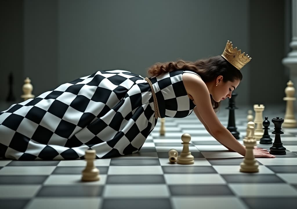  good quality, high quality, queen wearing white and black checkered dress crawling on floor. colossal chess pieces are decorated on her back