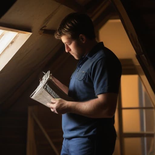 A photo of a technician meticulously inspecting a dusty vent in a dimly lit attic during early afternoon with soft, warm sunlight streaming in through a small window, casting dramatic shadows across the cluttered space.