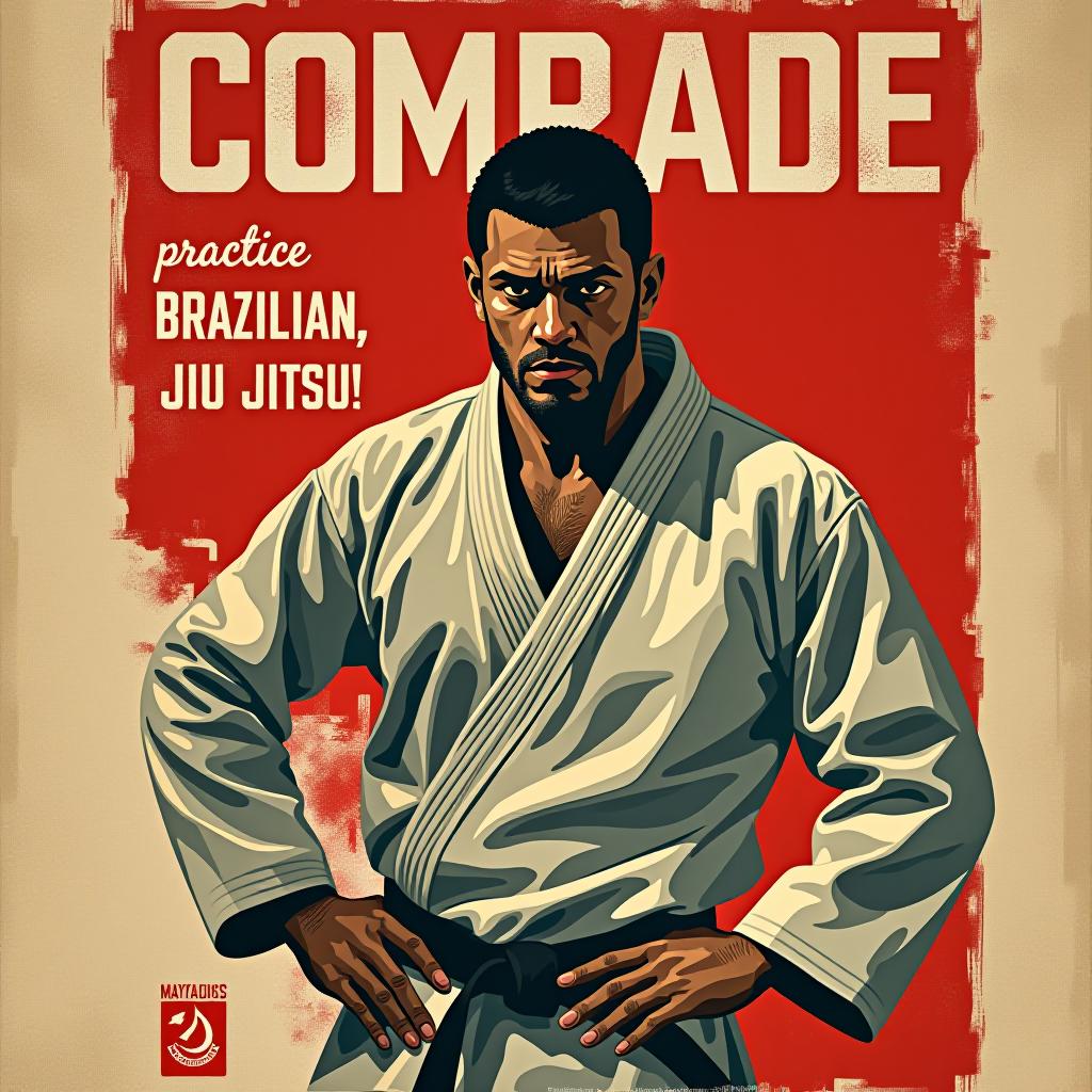  a poster in the style of mayakovsky with the slogan "comrade, practice brazilian jiu jitsu!"