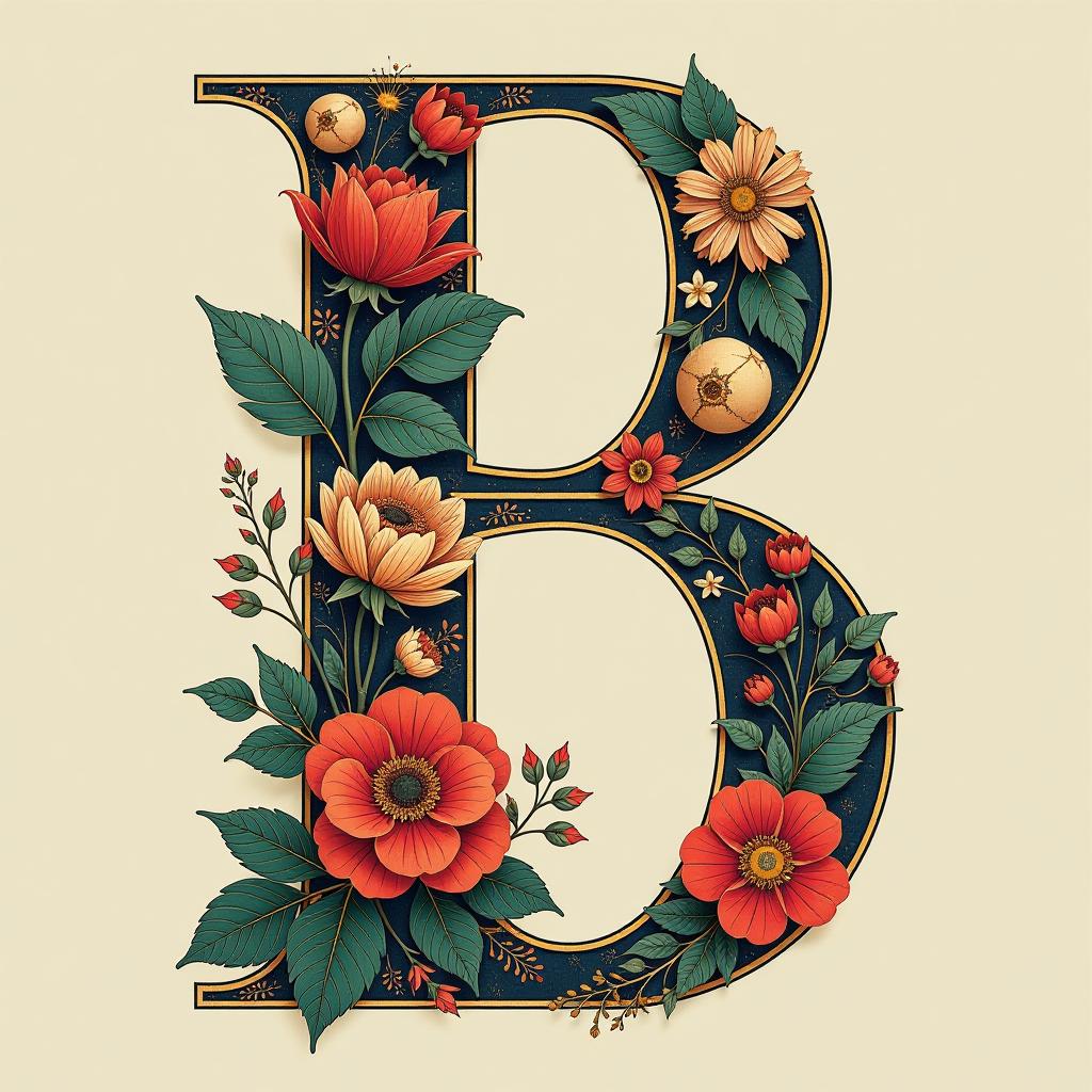  constructivist style stylized image of the letter "b". digital image with double exposure. (vector art) the outline is elegant (from the letter "b": 1.7) filled with flowers, leaves and patterns. hyperdetailing. elegance. background: complex ornament, surreal abstraction, vortices, plant ornament. baroque and rococo . geometric shapes, bold colors, dynamic composition, propaganda art style