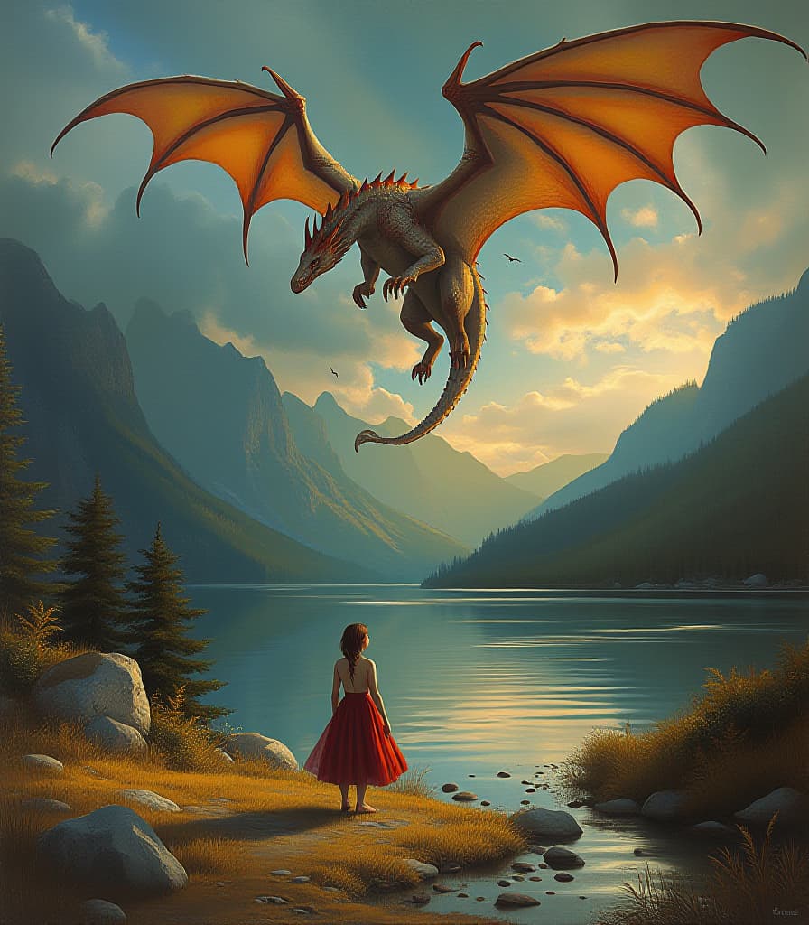  an intricate and detailed oil painting inspired by the works of john singer sargent and jan van eyck, depicting a girl standing on the shore of a lake with a majestic dragon flying in the background. the composition is filled with symbolism and hidden meanings, creating an intriguing narrative that the audience will have to unravel. the use of rich colors and textures gives the work depth, making it truly mesmerizing. this masterpiece is sure to be admired by art lovers all over the world.