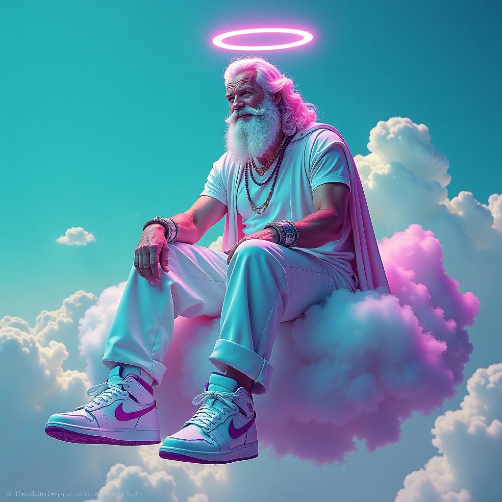  neonpunk style a surreal digital composition, an advertising poster. (the inscription: "artgeneration sneakers.me":1.6). a majestic, contented zeus is sitting on a shapeless cloud in stylish combined sneakers in white, emerald and purple. (shining above the cloud in the form of a halo:1.3). endless blue sky, ragged clouds, joyful mood, background of green lilac bubbles. (complex multi layered composition, double exposure, art:1.4). . cyberpunk, vaporwave, neon, vibes, vibrant, stunningly beautiful, crisp, detailed, sleek, ultramodern, magenta highlights, dark purple shadows, high contrast, cinematic, ultra detailed, intricate, professional