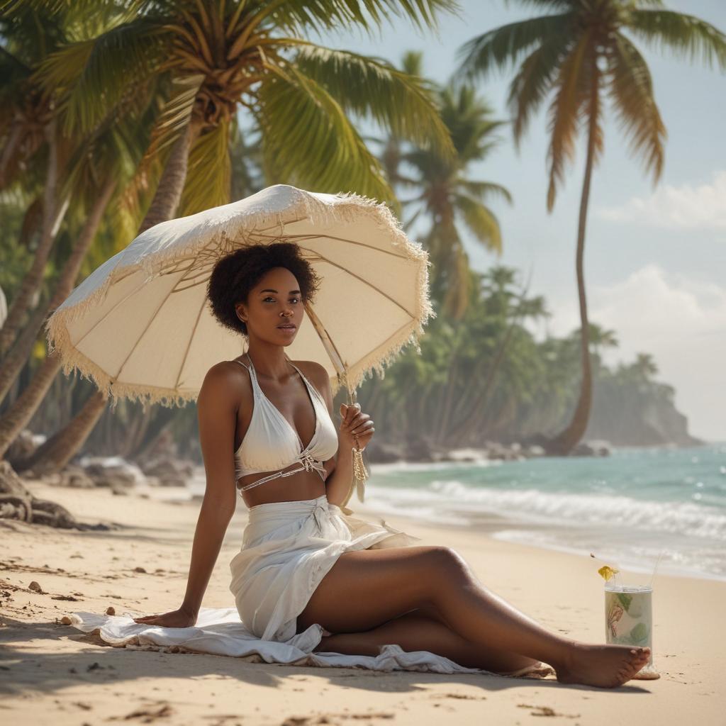 ((masterpiece)),(((best quality))), 8k, high detailed, ultra detailed, A black woman sitting on a beach, beach umbrella, beach towel, coconut drink, (palm trees swaying in the breeze) hyperrealistic, full body, detailed clothing, highly detailed, cinematic lighting, stunningly beautiful, intricate, sharp focus, f/1. 8, 85mm, (centered image composition), (professionally color graded), ((bright soft diffused light)), volumetric fog, trending on instagram, trending on tumblr, HDR 4K, 8K