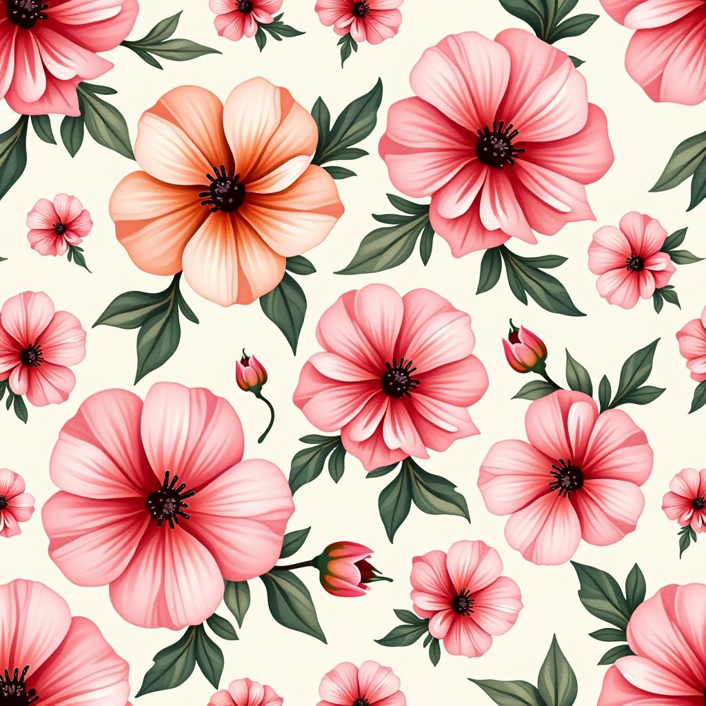  create a seamless digital design featuring a pattern of large, beautiful flowers with soft, watercolor like effects. the flowers should cover the entire surface, creating a bold, elegant, and continuous look. the overall style should be light and airy, with delicate leaves and petals to enhance the natural, floral theme. the design should be seamless to ensure it can be used in repeating patterns or wraps.