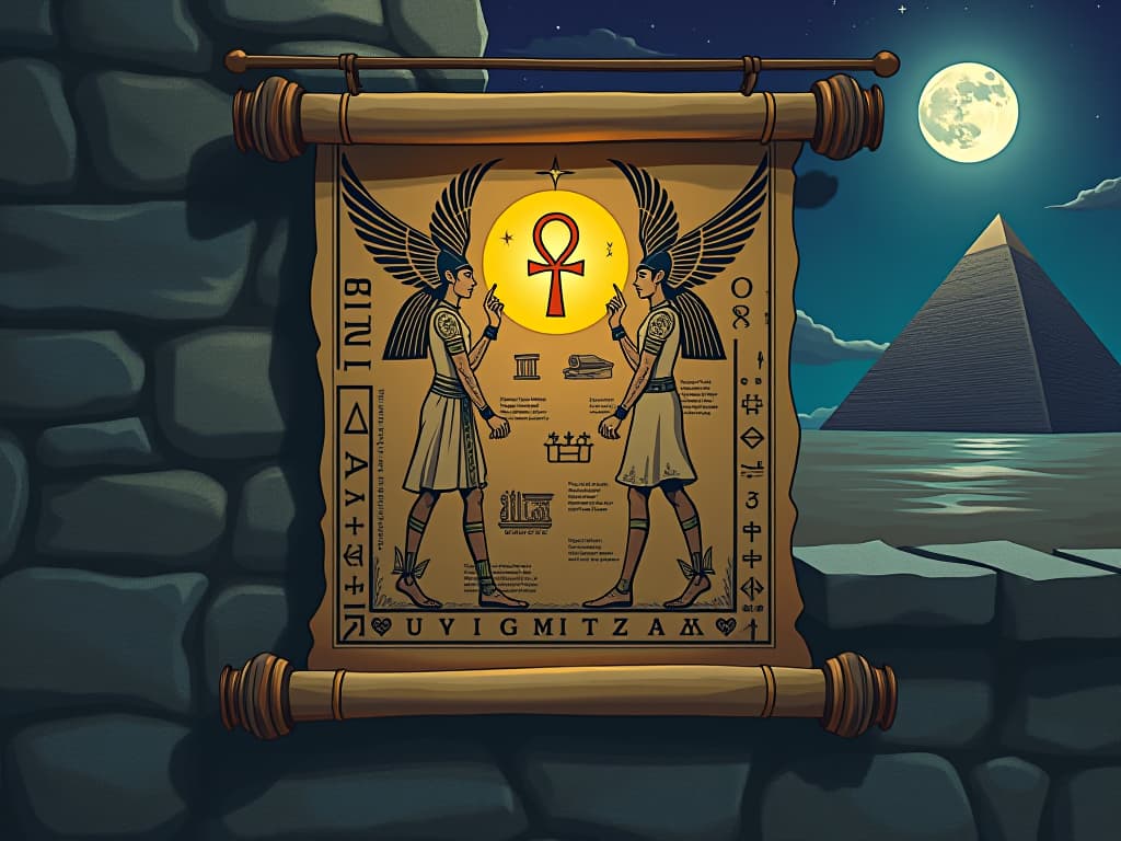  large scroll pinned to a stone wall under the full moon, filled with drawings of pyramids, hieroglyphs and symbols, ankh symbol glowing, visual reminder of destined path. the style is digital art illustration / modern comic book / mysterious occult, symbolic, esoteric vibe,high detail on character design, incorporating ancient egyptian symbology and attire.