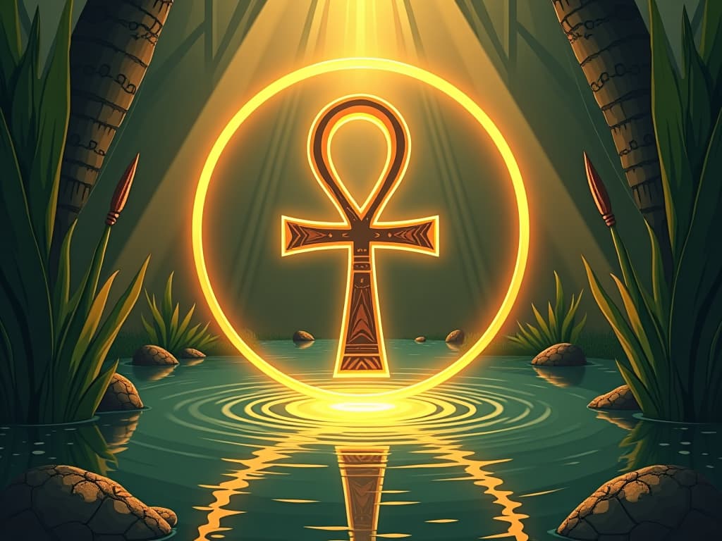  ankh symbol encircled by golden light, floating gently over a natural spring, lush papyrus plants, atmosphere of serene trust. the style is digital art illustration / modern comic book / mysterious occult, symbolic, esoteric vibe,high detail on character design, incorporating ancient egyptian symbology and attire.