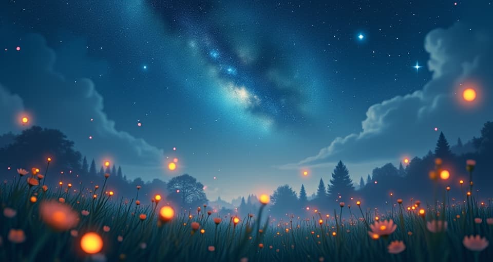  an enchanted meadow under a starlit sky, everything in stillness. ethereal flowers and delicate, glowing fireflies, creating a moment of serene pause.. the style is digital art illustration,highly detailed, whimsical,magical, dreamlike atmosphere, realism and fantasy blend, smooth, glossy textures,luminous quality, wonder and enchantment.