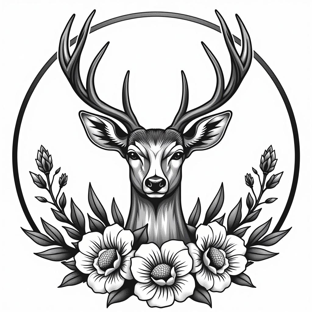  logo with a deer head in a circle surrounded by flowers feminin, (logo:1.15), black and white, hq, hightly detailed, 4k