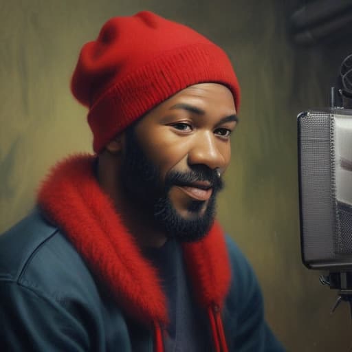 Marvin Gaye with a red beanie on in the studio in Oil painting style