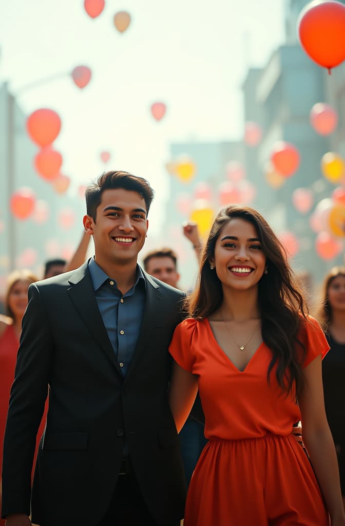  en el centro de la imagen, se encuentran dos jóvenes líderes políticos, hombre y una chica, de rasgos hispanoamericanos. el joven líder, con cabello oscuro y una sonrisa optimista, viste un traje oscuro que refleja formalidad y confianza. un detrás de ellos, se encuentra un equipo diverso que incluye tanto a hombres como a mujeres, todos con rostros sonrientes y expresiones de alegría. algunos están levantando banda el fondo muestra un ambiente festivo, con globos y pancartas. la luz del sol ilumina la escena, creando una atmósfera cálida y optimista que resalta el sentimiento de cohesión y esperanza en su liderazgo. hyperrealistic, full body, detailed clothing, highly detailed, cinematic lighting, stunningly beautiful, intricate, sharp focus, f/1. 8, 85mm, (centered image composition), (professionally color graded), ((bright soft diffused light)), volumetric fog, trending on instagram, trending on tumblr, HDR 4K, 8K