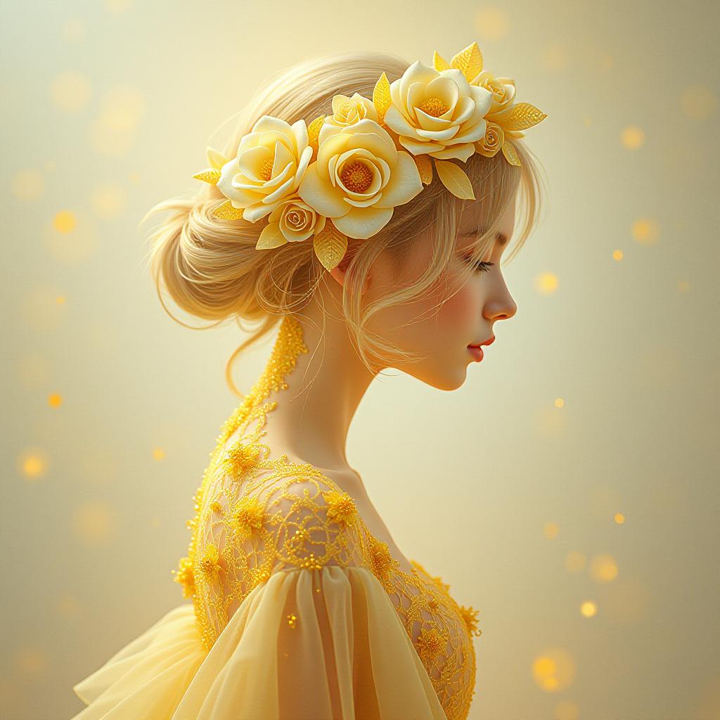  a spellbinding work of art that embodies the magical essence of spring, showcasing a mythical, beautiful girl with an aura of grace and elegance. the image is crafted within the intricate, minimalistic style of a beautiful bride, featuring a mesmerizing array of soft pastel lemon hues that represent the rebirth and rejuvenation of the season. the girl's silhouette is delicately positioned on the canvas, radiating charm and adorned with a captivating blend of shimmering glitters and enchanting textures, creating an otherworldly atmosphere. the artwork is rendered in ultra hd 64k resolution with hyperrealistic precision, capturing every intricate detail with utmost care. the girl's features are accentuated with meticulous attention, seamlessl