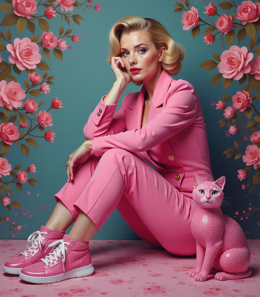  surrealist art (masterpiece, oil painting:1.2). (glamour style, pink neon inscription at bottom: "glamour artgeneration:1.2). woman of slavic appearance with norwegian and scandinavian roots (pinup style:1.4) (wearing pink clothes and pink women's sneakers, in rhinestones painted under floral patterns in the style of william morris:1.2), advertising a glamorous futuristic set pink women's sneakers, pink iphone in rhinestones and (pink porcelain cat with rhinestones:1.2). the design of all the items and clothing is dominated by (sophisticated exotic glamor bordering on protest), stirring the imagination and striking originality. high resolution. high detail. increased attention to fine detail. avant garde design. (at the bottom is the text