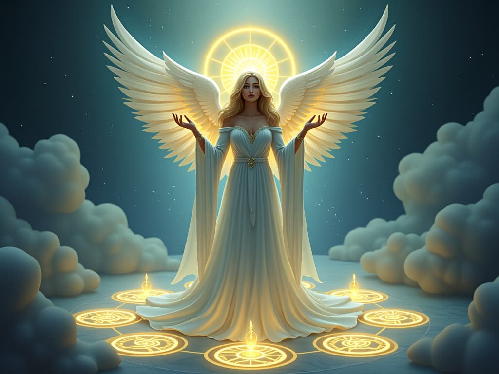  seraphic priestess with glowing aura, standing amidst a circle of luminescent symbols, hands raised in invocation, atmosphere of divine guidance. the style is digital art illustration,highly detailed, whimsical,magical, dreamlike atmosphere, realism and fantasy blend, smooth, glossy textures,luminous quality, wonder and enchantment.