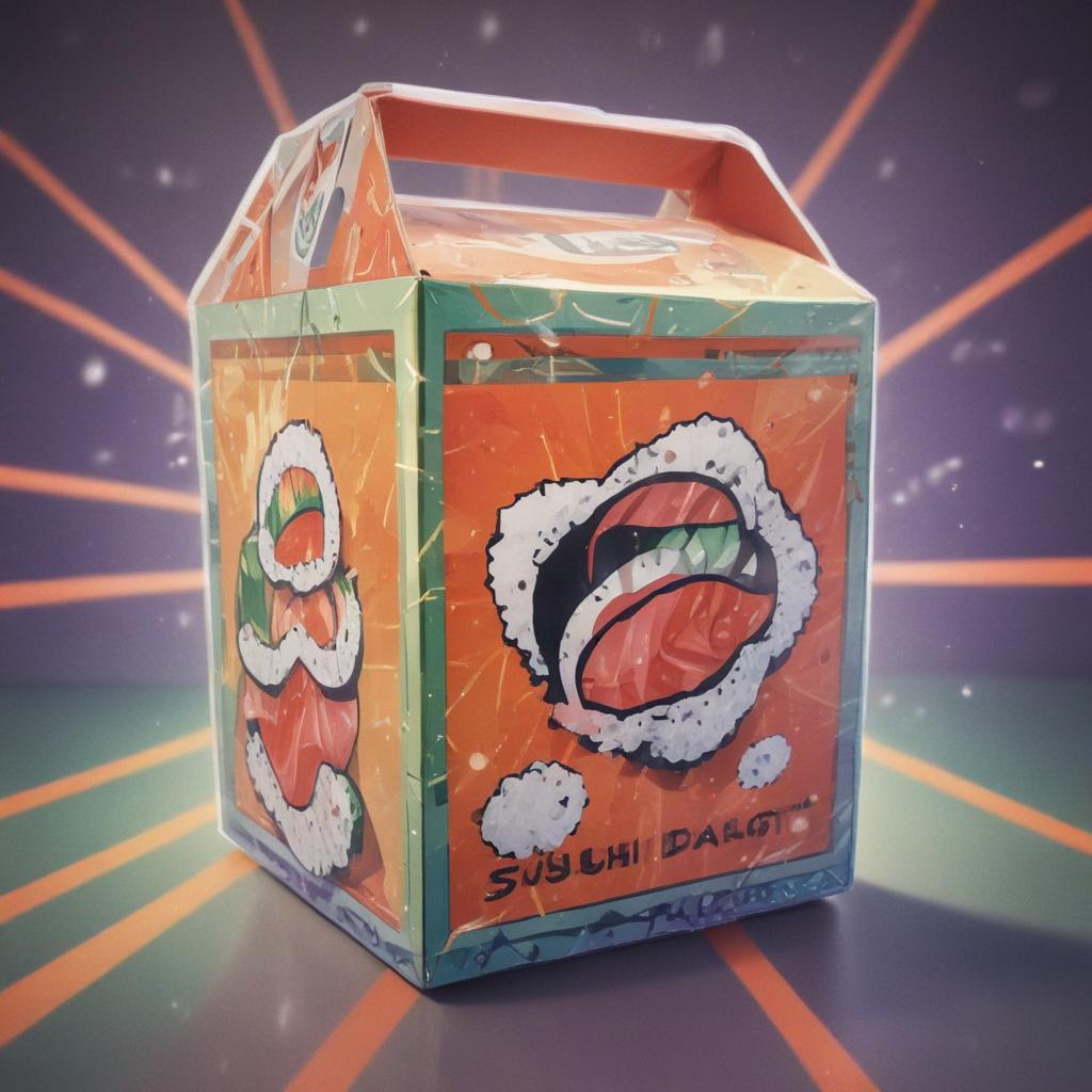 distance-shot, flashy, full-body, dynamic, holographic, animated cartoon poster of a take-out box of sushi in the style of dragon ball super