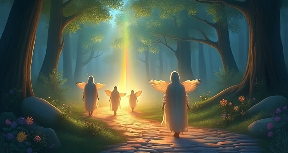  luminous path winding through an enchanted forest where various ethereal beings walk together, symbolizing unity in growth and protection.. the style is digital art illustration,highly detailed, whimsical,magical, dreamlike atmosphere, realism and fantasy blend, smooth, glossy textures,luminous quality, wonder and enchantment.