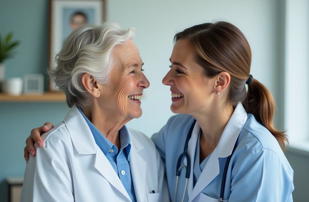  happy, care and face of a doctor with a old woman пациент for medical trust, healthcare and help. laughing, hug and portrait of a young nurse with a senior patient and love during a consultation at a clinic ar 3:2 {prompt}, maximum details