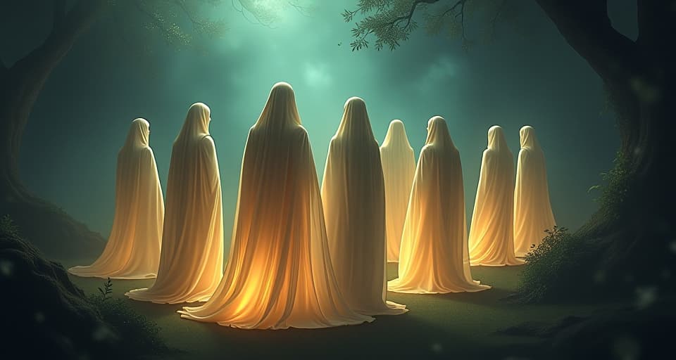  group of ethereal beings in flowing, radiant robes, gathered in a glowing enchanted garden, atmosphere somber and heavy. the style is digital art illustration,highly detailed, whimsical,magical, dreamlike atmosphere, realism and fantasy blend, smooth, glossy textures,luminous quality, wonder and enchantment.