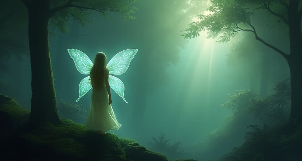  a forlorn fairy with translucent wings, standing at the edge of an enchanted forest. the dim light captures her realization of her connection to the divine fading away with your absence.. the style is digital art illustration,highly detailed, whimsical,magical, dreamlike atmosphere, realism and fantasy blend, smooth, glossy textures,luminous quality, wonder and enchantment.