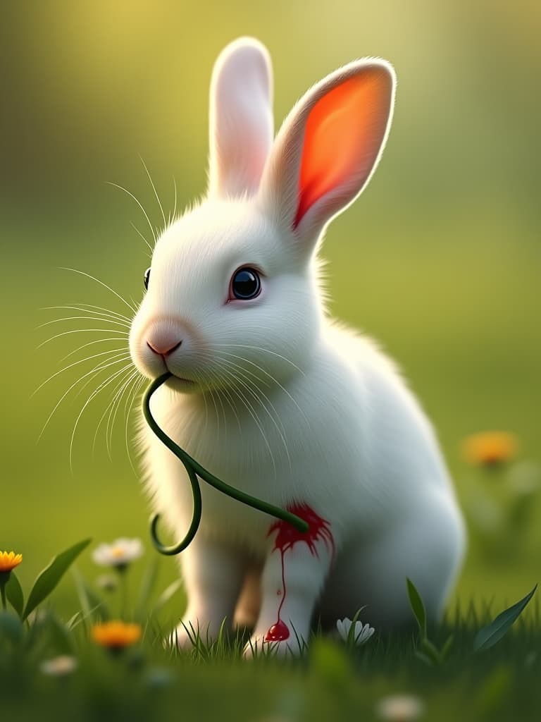  while playing on the grass, the white rabbit got its leg scratched by an entangling vine, causing it to bleed.cute photo realistic, highly intricate and detailed, masterpiece, ultra high res,photography,8k resolution