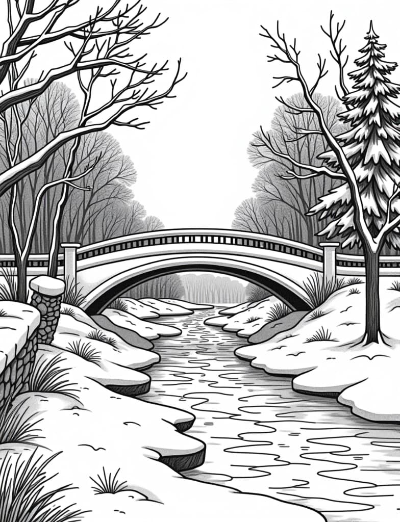  this is for an adult coloring page. a detailed black and white line art of a snowy winter scene with a snow covered bridge over a frozen river on a solid white background.