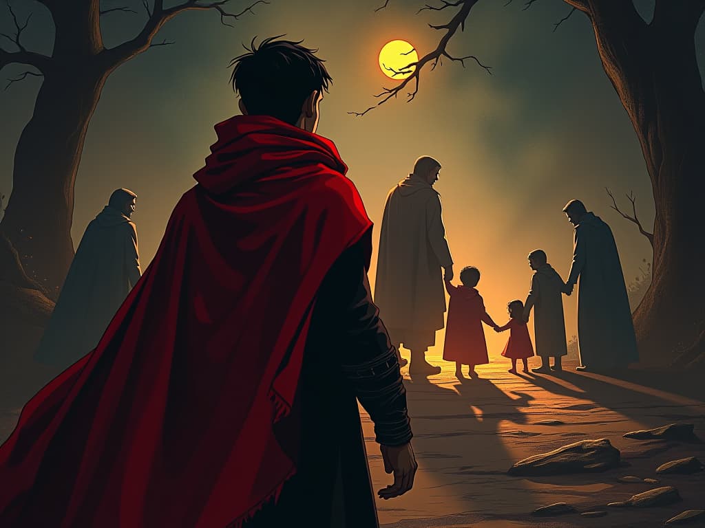  prodigal son, clad in tattered red cloak, watching enviously, others thriving around, warm family scene, aura of regret and longing. the style is digital art illustration / modern comic book / graphic dark novel fantasy and mysterious occult, symbolic, moody lighting, esoteric vibe,high detail on character design. for the color scheme emphasize blacks and reds.