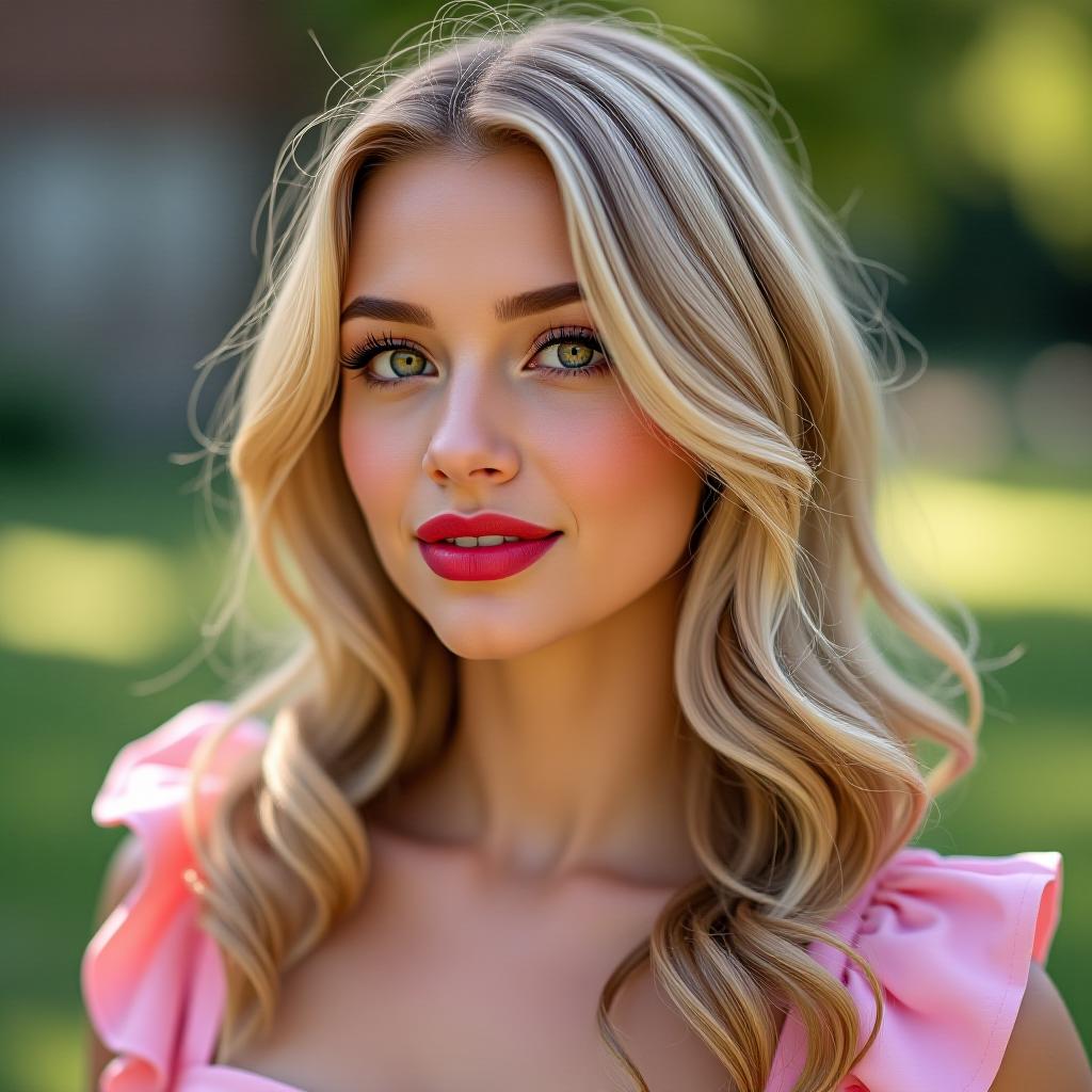  make an image of blonde woman with brown eyes and red lipstick wearing a pink milkmaid dress outside