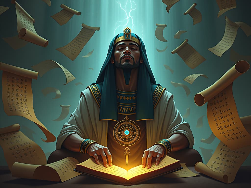  an ancient egyptian scribe, surrounded by scrolls of papyrus, hieroglyphs glowing faintly, the figure is in deep contemplation, eyes closed, an aura of mystical energy, symbolizing transcendence and heightened capabilities.. the style is digital art illustration / modern comic book / mysterious occult, symbolic, esoteric vibe,high detail on character design, incorporating ancient egyptian symbology and attire.