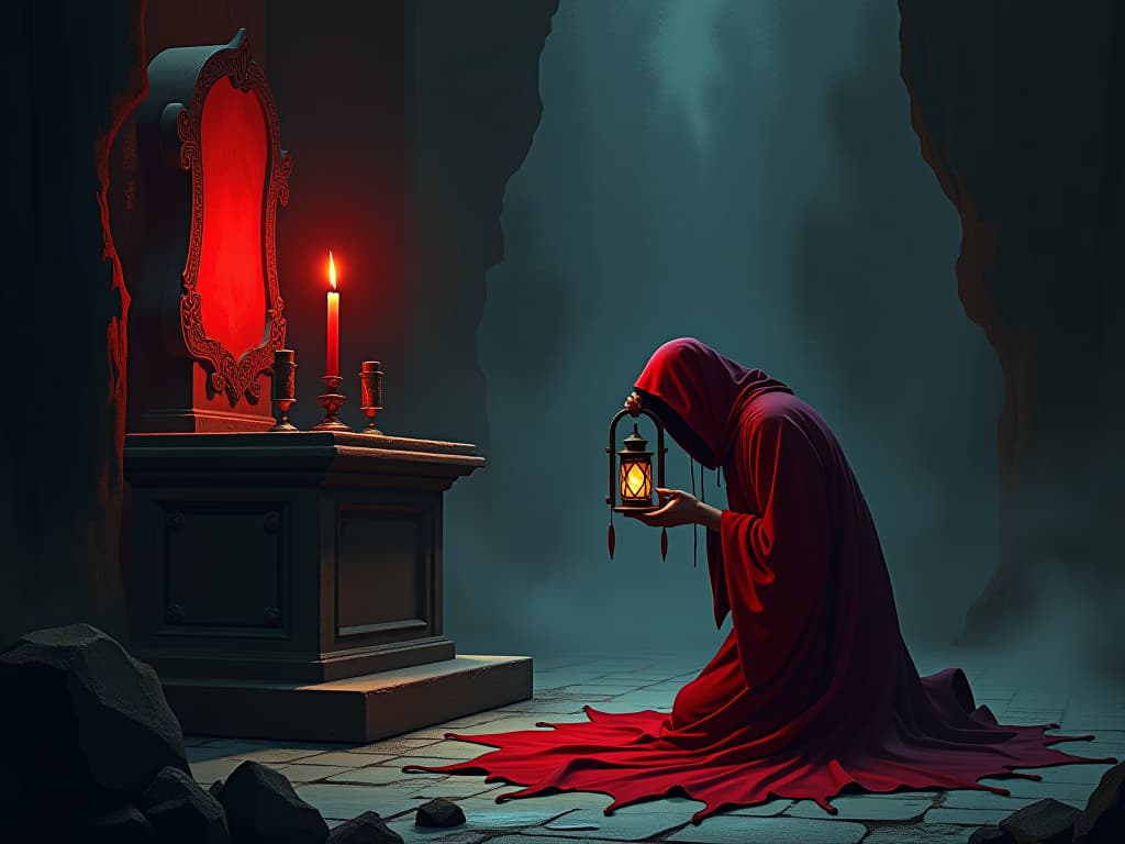  penitent kneeling in red robe, offering lantern at an altar, light illuminating an ancient tome, aura of seeking atonement. the style is digital art illustration / modern comic book / graphic dark novel fantasy and mysterious occult, symbolic, moody lighting, esoteric vibe,high detail on character design. for the color scheme emphasize blacks and reds.