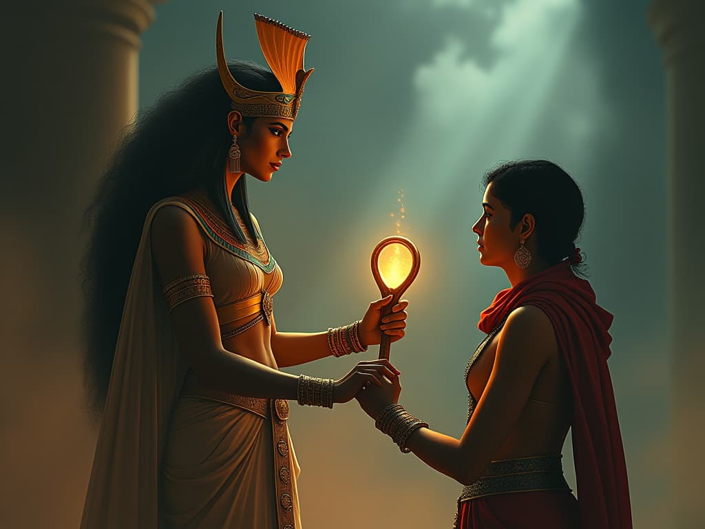  an ancient goddess offering a glowing ankh to a person, sense of audacity and reward, atmosphere of being unapologetically oneself. the style is digital art illustration / modern comic book / mysterious occult, symbolic, esoteric vibe,high detail on character design, incorporating ancient egyptian hyperrealistic, full body, detailed clothing, highly detailed, cinematic lighting, stunningly beautiful, intricate, sharp focus, f/1. 8, 85mm, (centered image composition), (professionally color graded), ((bright soft diffused light)), volumetric fog, trending on instagram, trending on tumblr, HDR 4K, 8K