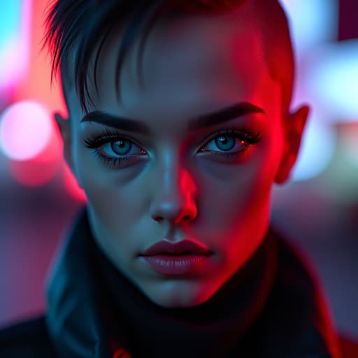  ultra realistic close up portrait ((beautiful pale cyberpunk female with heavy black eyeliner)), blue eyes, shaved side haircut, hyper detail, cinematic lighting, magic neon, dark red city, canon eos r3, nikon, f/1.4, iso 200, 1/160s, 8k, raw, unedited, symmetrical balance, in frame, 8k hyperrealistic, full body, detailed clothing, highly detailed, cinematic lighting, stunningly beautiful, intricate, sharp focus, f/1. 8, 85mm, (centered image composition), (professionally color graded), ((bright soft diffused light)), volumetric fog, trending on instagram, trending on tumblr, HDR 4K, 8K