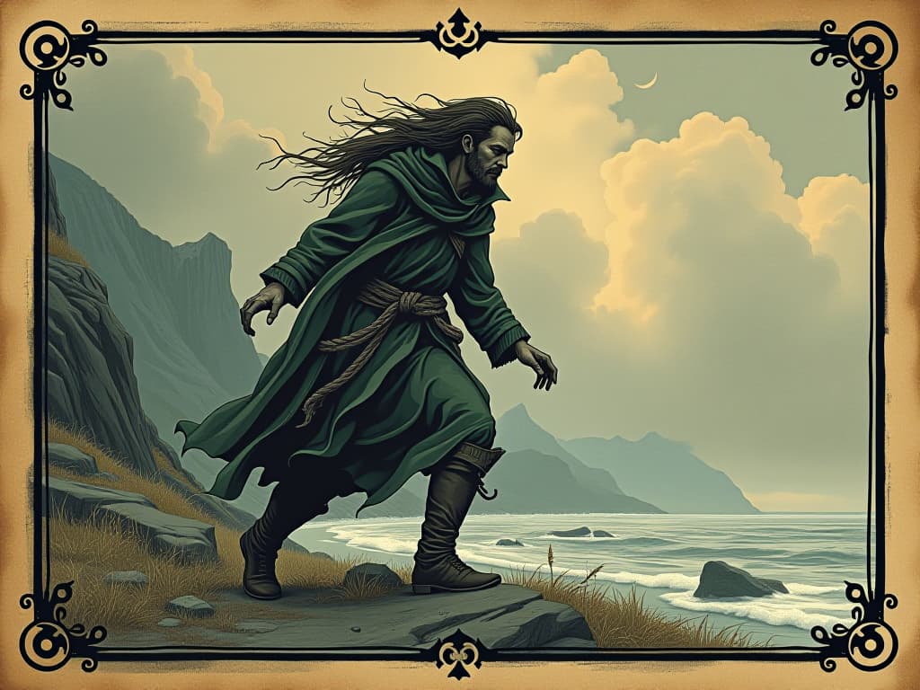  human figure, rugged landscape, harsh weather, resilient posture, wind blown clothing, determined expression, comparison to arctic willow, perseverance, strength. an illustration in the style of a worn, mystical old tarot trump card, mysterious and elements of surrealism. the colors are muted, somber and eerie, but with contrast bring out an occult and esoteric vibe.