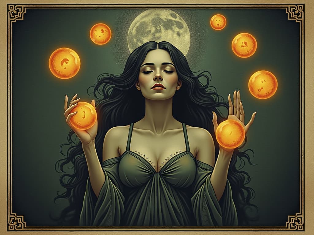  sensations depicted as glowing orbs floating around a figure, each orb representing different sensory feelings, figure is female with serene expression, heightened awareness, otherworldly, ethereal. an illustration in the style of a worn, mystical old tarot trump card, mysterious and elements of surrealism. the colors are muted, somber and eerie, but with contrast bring out an occult and esoteric vibe.