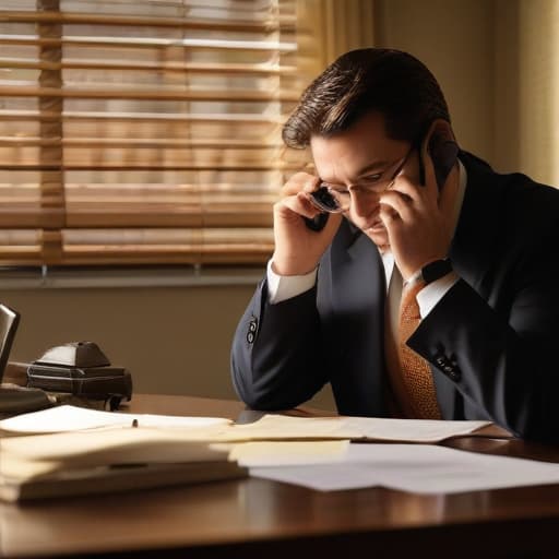 A photo of a car accident attorney discussing a case on the phone in a dimly lit office during early evening. Light filters through the blinds, casting dramatic shadows across the cluttered desk, highlighting the attorney's intense expression as they pore over legal documents. The warm glow of a desk lamp illuminates their face, emphasizing a sense of focus and determination in the midst of the professional chaos.