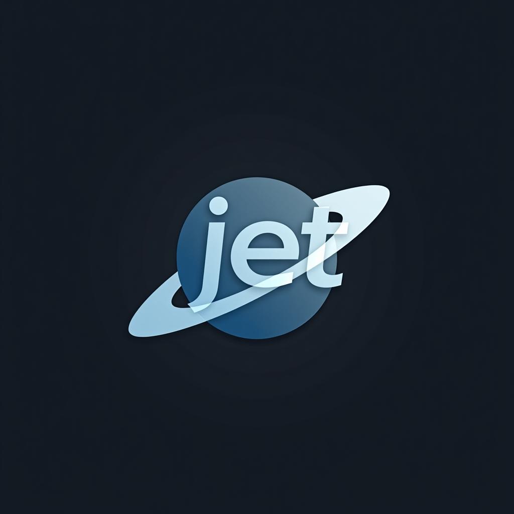  design a logo, baby blue gray and black white space universe , with the text 'jet'.