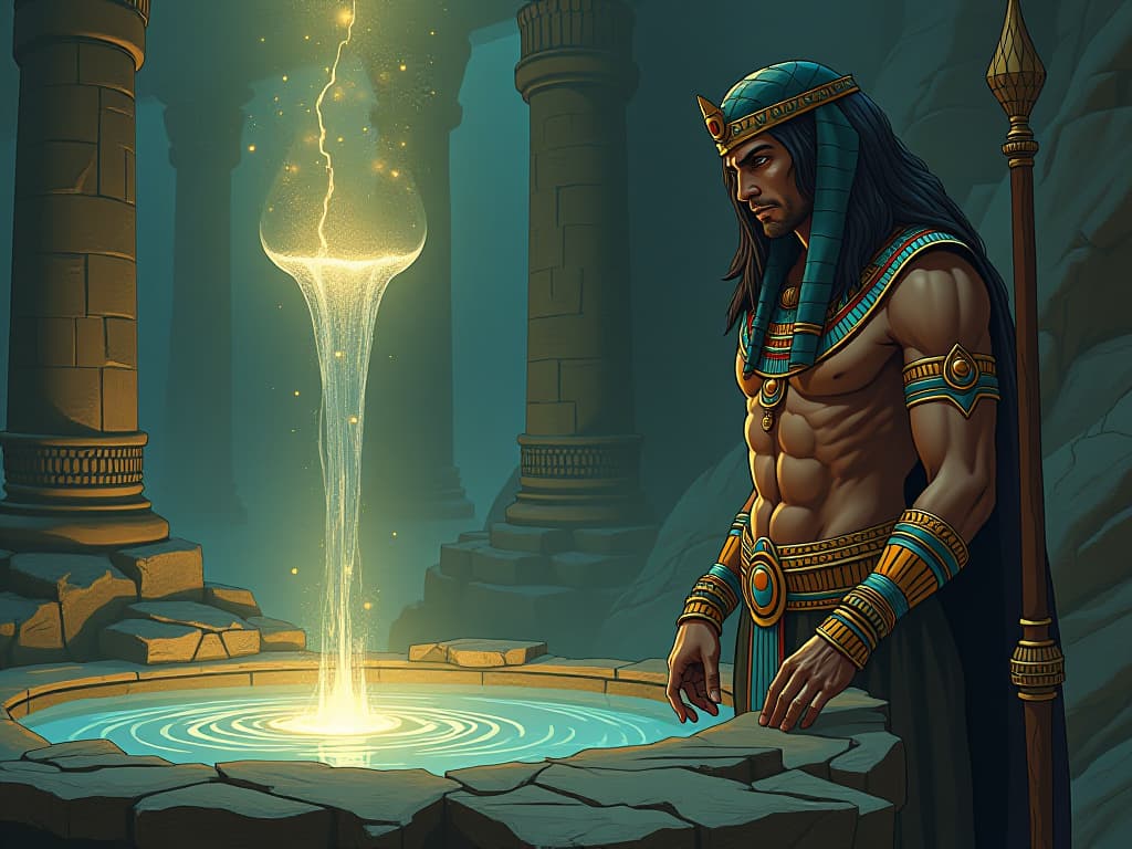  sacred well, water shimmering with wisdom, with large busted guardian nearby, symbolizing thirst for understanding. the style is digital art illustration / modern comic book / mysterious occult, symbolic, esoteric vibe,high detail on character design, incorporating ancient egyptian symbology and attire.