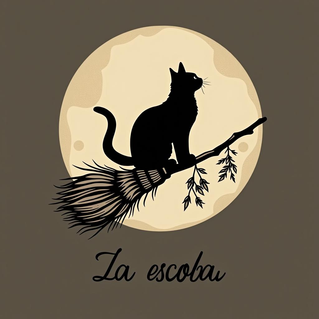  design a logo, in a minimalism style. witchy, moon, black cat silhouette riding on a broom, dried herbs hanging off broom, cottage core aesthetic, crystals,spells, with the text 'la escoba'.