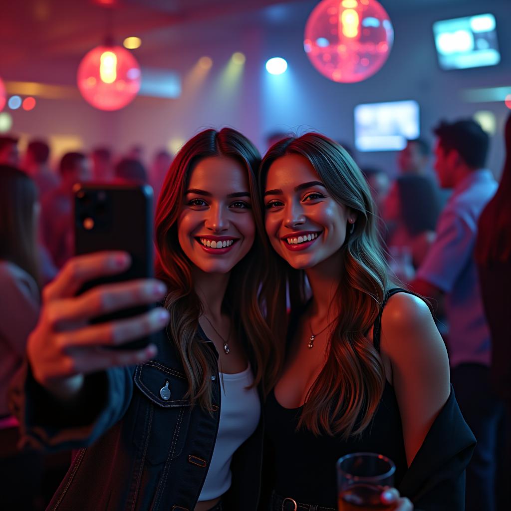  a hyper realistic 2020 selfie featuring a pair of friends at a crowded bar with dim, atmospheric lighting. both friends should be in trendy, casual attire, smiling and posing together with a modern smartphone. the background should include a lively bar scene with people, colorful drink glasses, and a warm, ambient glow from bar lights. the image should capture their joyful expressions and the energetic, bustling vibe of the crowded bar hyperrealistic, full body, detailed clothing, highly detailed, cinematic lighting, stunningly beautiful, intricate, sharp focus, f/1. 8, 85mm, (centered image composition), (professionally color graded), ((bright soft diffused light)), volumetric fog, trending on instagram, trending on tumblr, HDR 4K, 8K